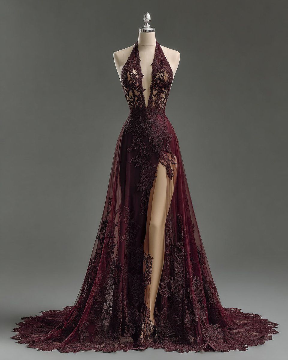 Vintage Burgundy Halter Neck Deep V-Neck Split Train Lace Prom Dress Evening Dress - VelvetHem