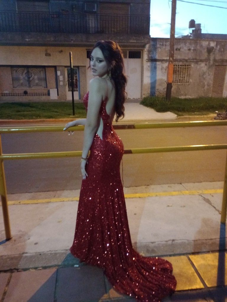 Sexy Red Mermaid Spaghetti Strap V-Neck Backless Sequin Train Prom Dress Evening Dress - VelvetHem
