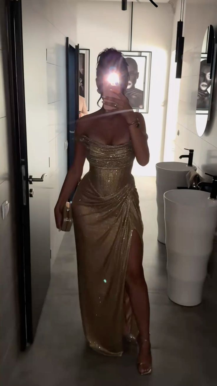 Sexy Gilded Off-the-shoulder Split Satin Long Prom Dress Evening Dress - VelvetHem
