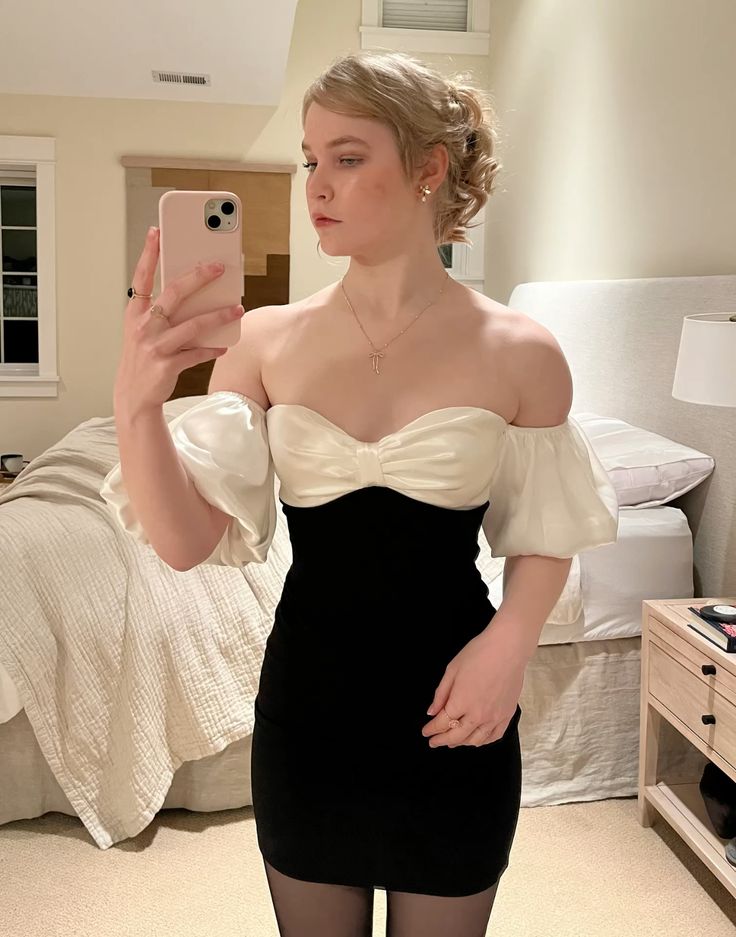Elegant Black And White Colorblock Puff Short Sleeve Satin Slim Birthday Skirt Homecoming Dress - VelvetHem