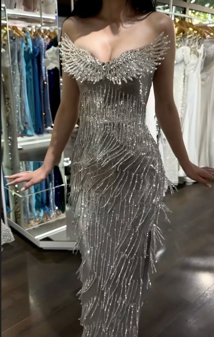 Gorgeous Silver Mermaid Strapless Slit Full Diamond Tassel Long Prom Dress Evening Dress - VelvetHem
