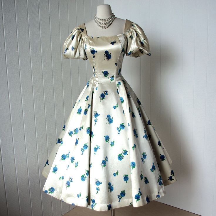 French Vintage Blue Floral A-line Square Neck Puff Sleeve Satin Tea-Length Prom Dress - VelvetHem