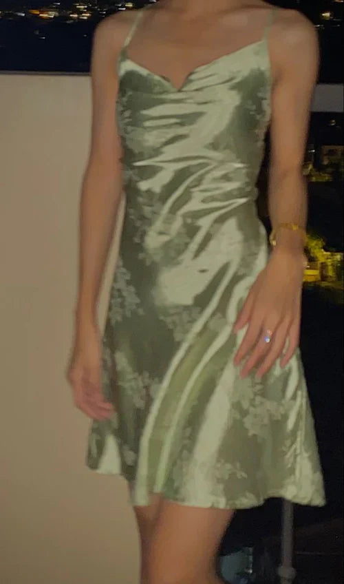 Retro Light Green Suspender Floral Dark Pattern Satin Birthday Skirt Homecoming Dress