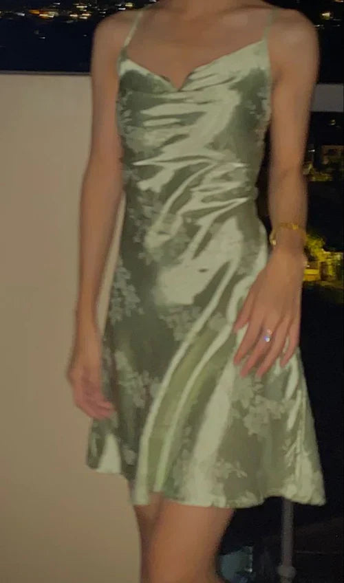 Retro Light Green Suspender Floral Dark Pattern Satin Birthday Skirt Homecoming Dress - VelvetHem