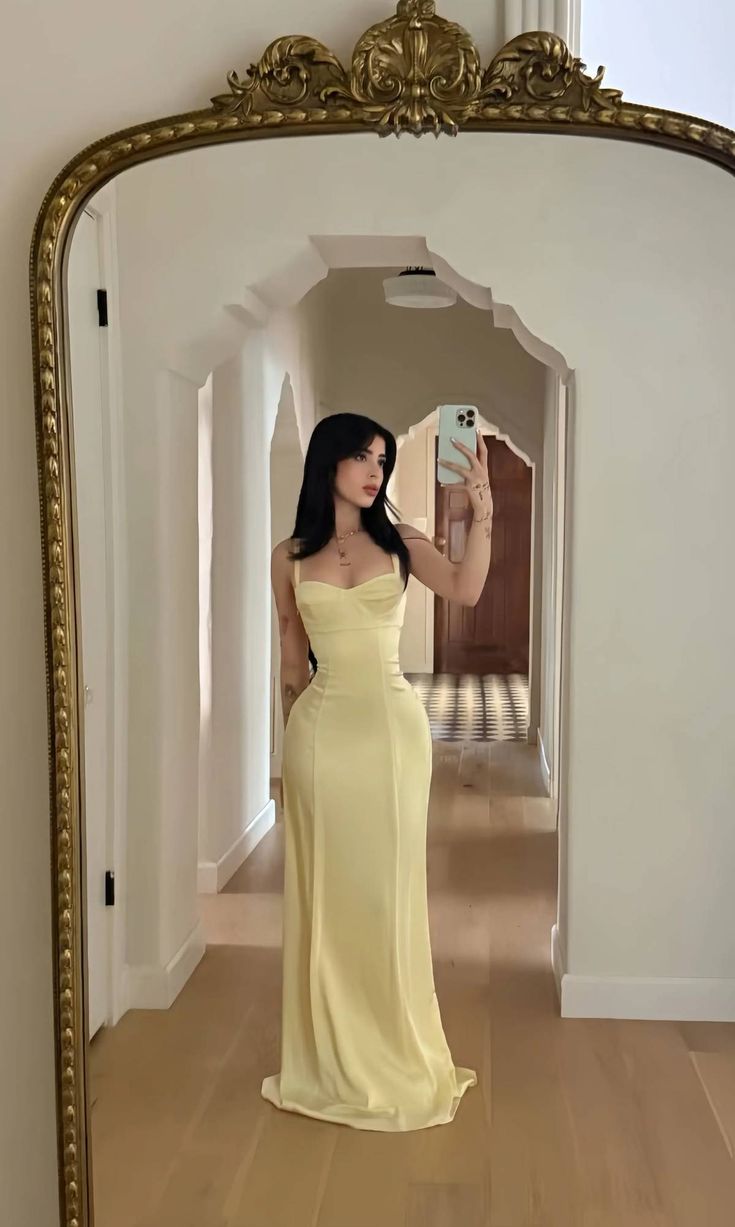 Elegant Yellow Slim-fit Spaghetti Strap Satin Long Prom Dress Evening Dress Bridesmaid Dress - VelvetHem