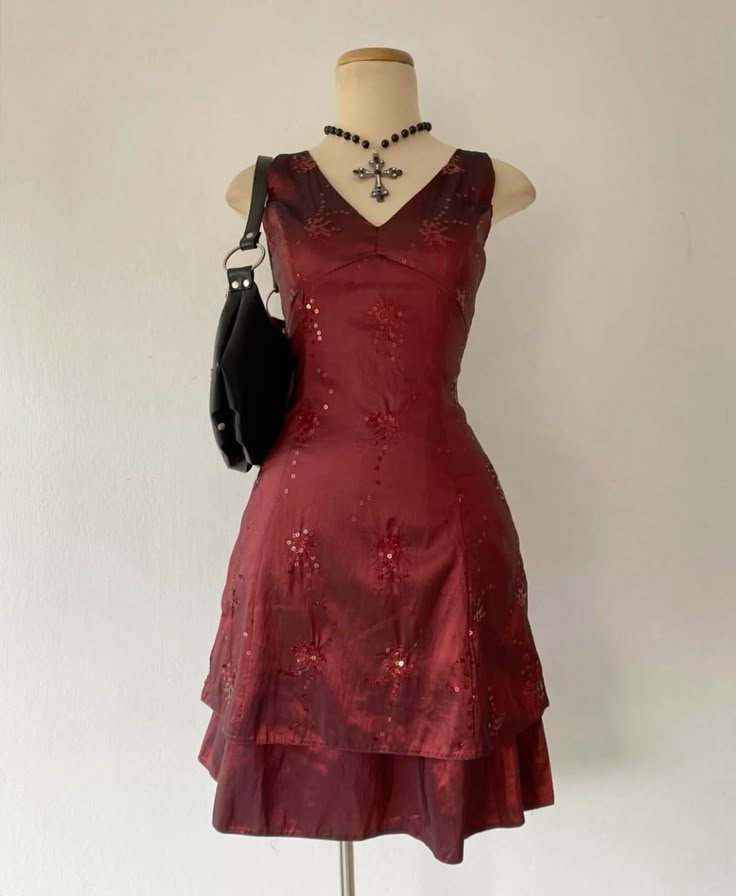 Vintage Burgundy V-neck Dark Floral Ruffled Satin Birthday Party Homecoming Dress - View 2 | VelvetHem