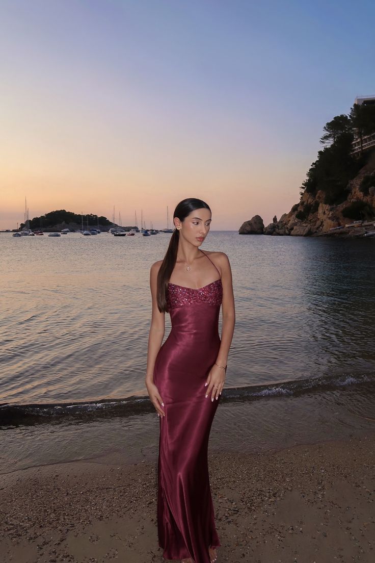 Sexy Burgundy Bodycon Halter Backless Satin Long Prom Dress Evening Dress - VelvetHem