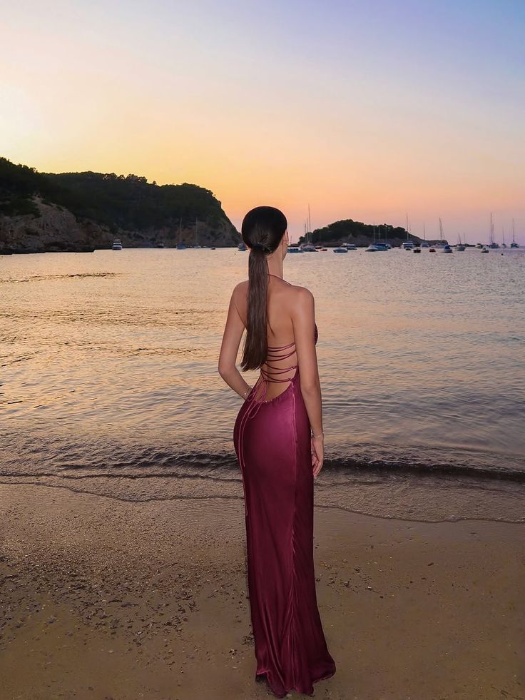 Sexy Burgundy Bodycon Halter Backless Satin Long Prom Dress Evening Dress