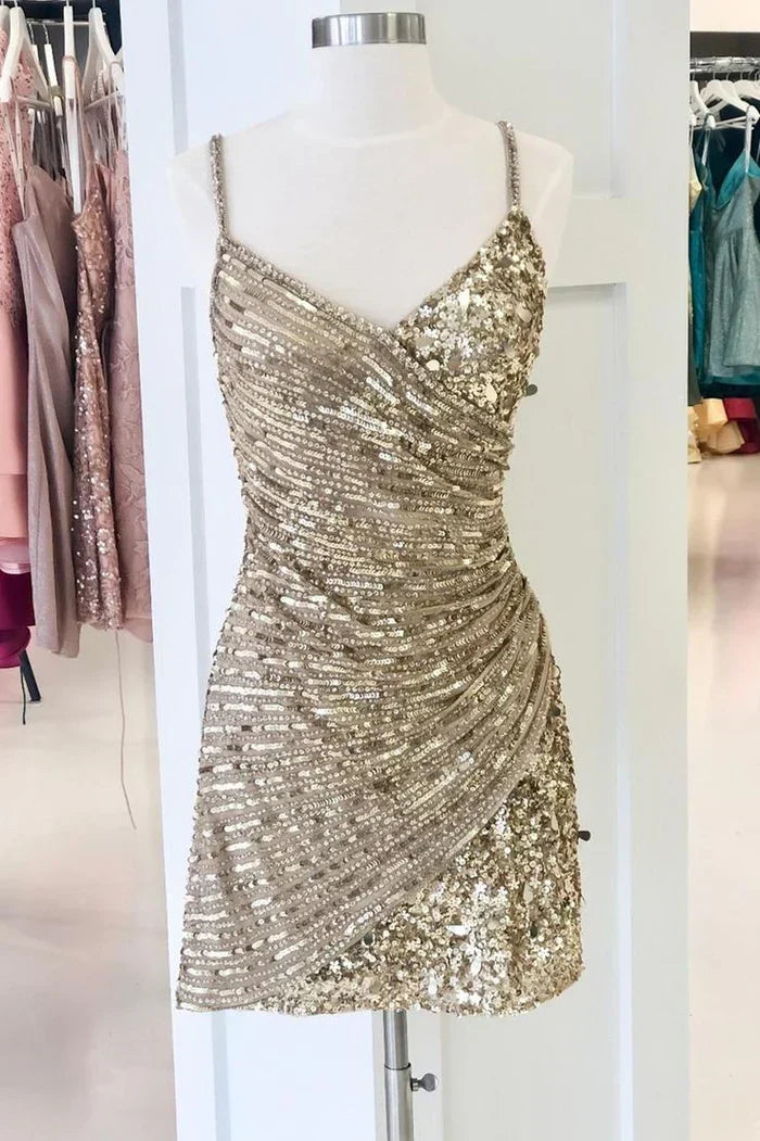 Sparkling Gold V-neck Strapless Slim Fit Birthday Party Homecoming Dress - VelvetHem