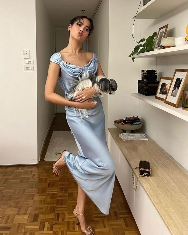 Elegant Light Blue Bodycon Ruffled Satin Long Prom Dress Evening Dress Bridesmaid Dress - VelvetHem