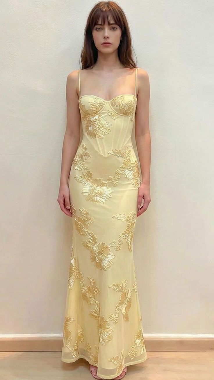 Elegant Yellow Mermaid Thin Strap 3D Floral Tulle Long Prom Dress Evening Dress - VelvetHem