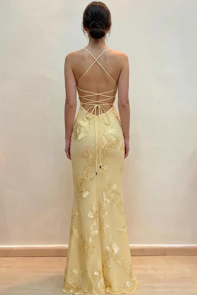 Elegant Yellow Mermaid Thin Strap 3D Floral Tulle Long Prom Dress Evening Dress
