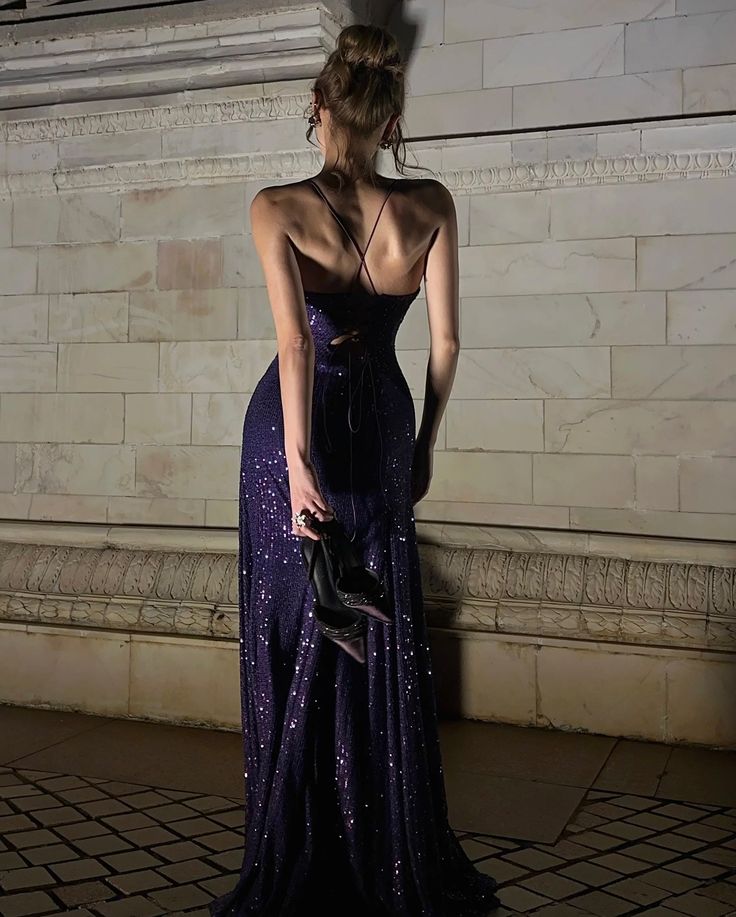 Glamorous Deep Purple A-line Spaghetti Strap V-neck Slit Sequin Long Prom Dress Evening Dress