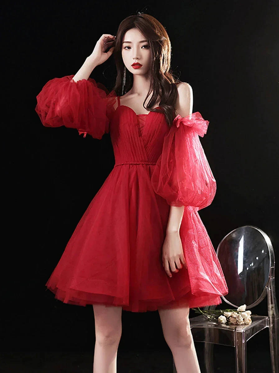 Burgundy sweetheart neck tulle short prom dress burgundy homecoming dress (ZD11885)