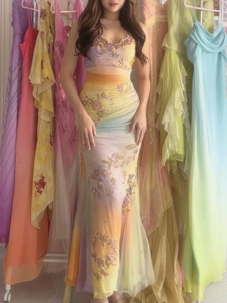 Stunning Gradient Spaghetti Strap V-neck Floral Embroidered Tulle Long Prom Dress Evening Dress - VelvetHem