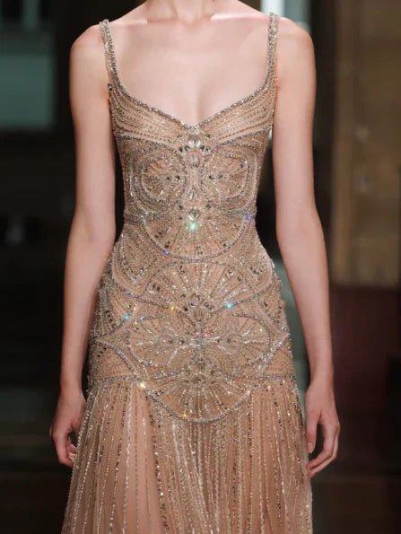 Vintage Green A-line Spaghetti Strap Beaded Tulle Long Prom Dress Evening Dress