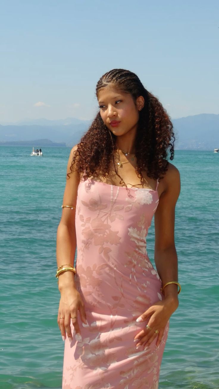 Elegant Pink Square Neck Spaghetti Strap Floral Print Satin Long Prom Dress Evening Dress