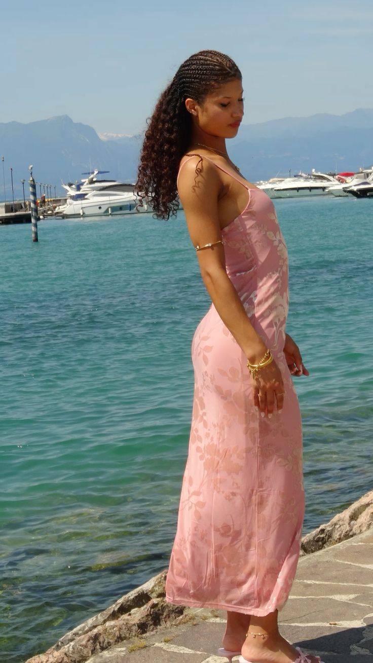 Elegant Pink Square Neck Spaghetti Strap Floral Print Satin Long Prom Dress Evening Dress