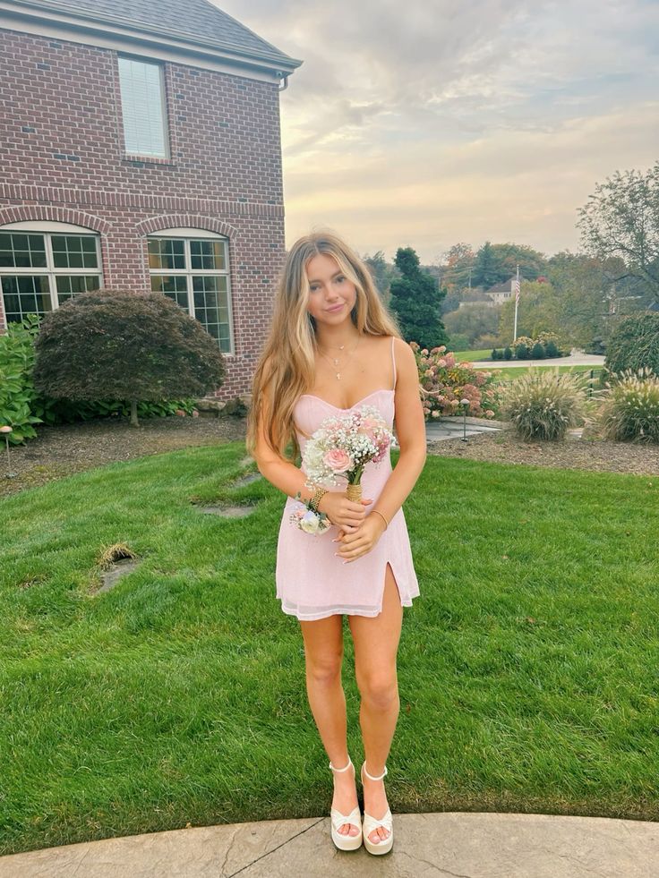 Sweet Pink Thin Strap Slim Slit Chiffon 17th Birthday Homecoming Dress - VelvetHem