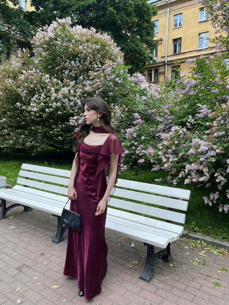 Vintage Burgundy Square Neck Ruffle Short Sleeve Satin Long Prom Dress Evening Dress - VelvetHem