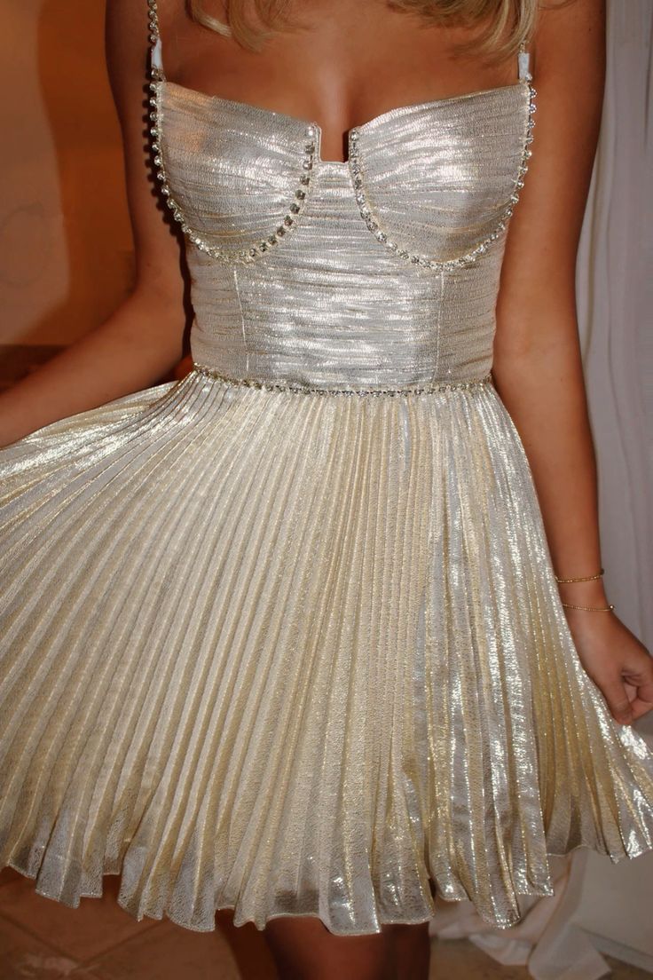 Shining Gold Thin Straps Glitter Waist Pleated Short Birthday Dress Homecoming Dress - VelvetHem