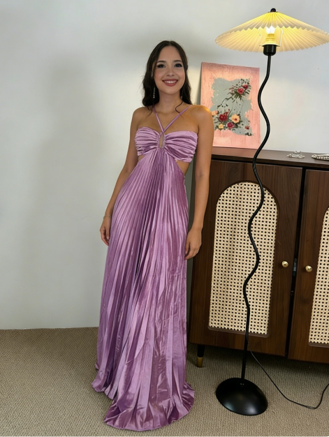 Elegant Lavender Halter Cross V-Neck Ruched Satin Long Prom Dress Evening Dress