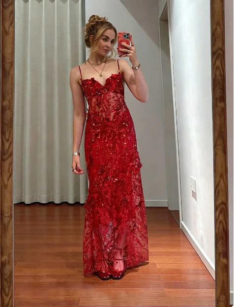 Vintage Red Mermaid Spaghetti Strap Sequin Lace Tulle Prom Dress Evening Dress - VelvetHem