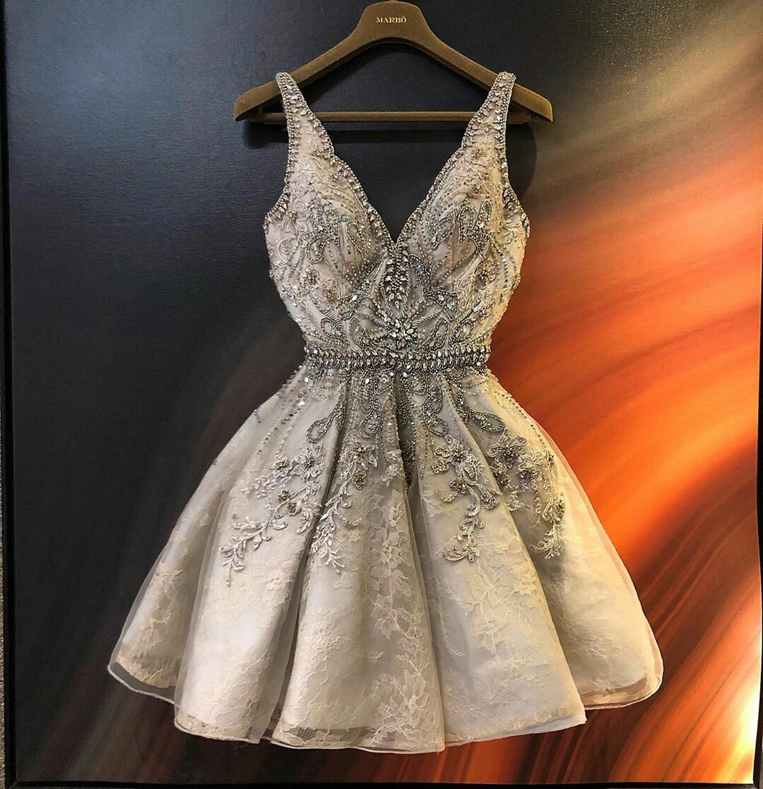 Gorgeous And Elegant Silver-gray V-neck Rhinestone Lace Embroidery A-line Birthday Party Homecoming Dress - View 2 | VelvetHem