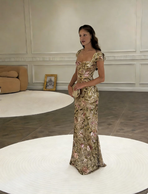 Vintage Gold Pink Ombre Mermaid Square Neck Sequin Long Prom Dress Evening Dress - View 2 | VelvetHem