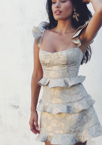 Retro Off-white Gold Pattern Ruffle Waist A-line Jacquard Birthday Party Homecoming Dress - View 3 | VelvetHem