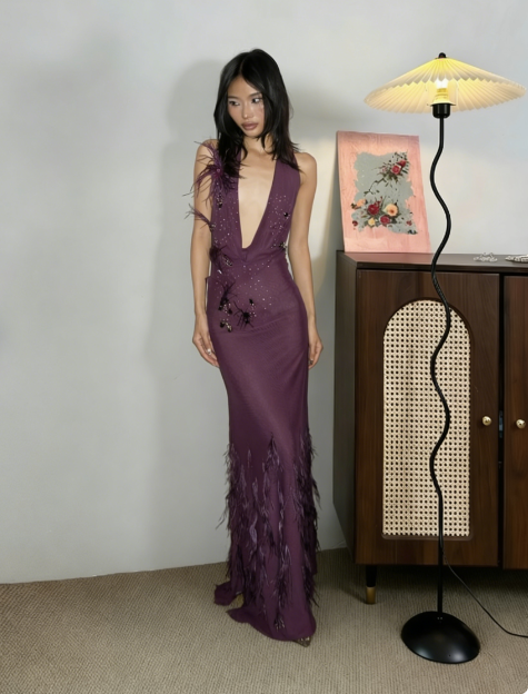 Sexy Y2K Hot Girl Deep Purple Halter Feather Satin Long Prom Dress Evening Dress