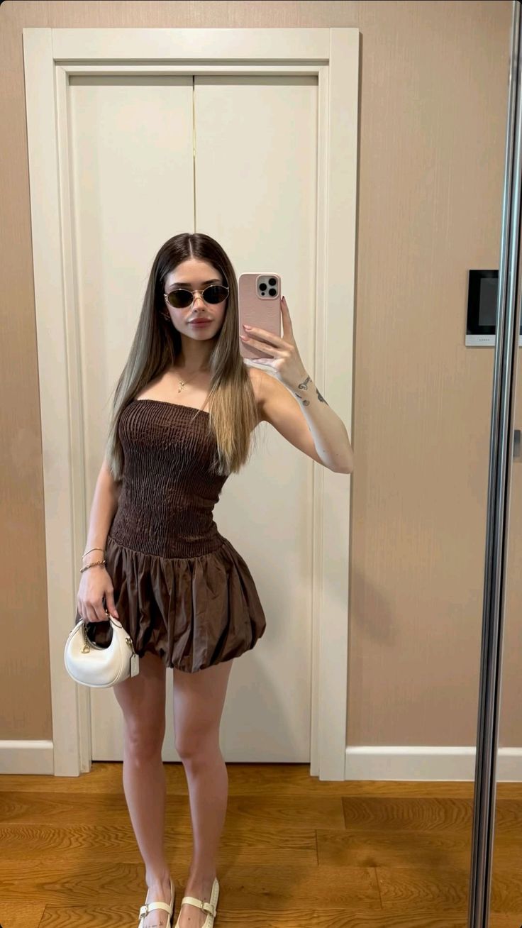 Simple Brown Tube Top Slim Waist Flower Bud 17th Birthday Homecoming Dress - VelvetHem