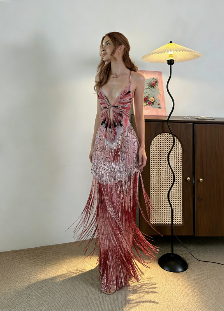 Vintage Mermaid Spaghetti Strap V-Neck Fringe Sequin Long Prom Dress Evening Dress