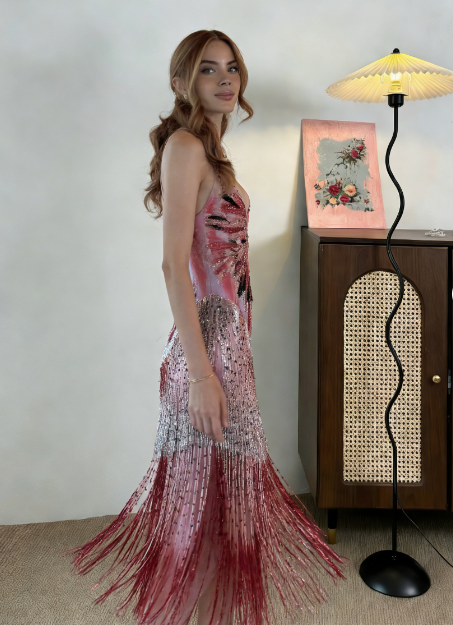 Vintage Mermaid Spaghetti Strap V-Neck Fringe Sequin Long Prom Dress Evening Dress