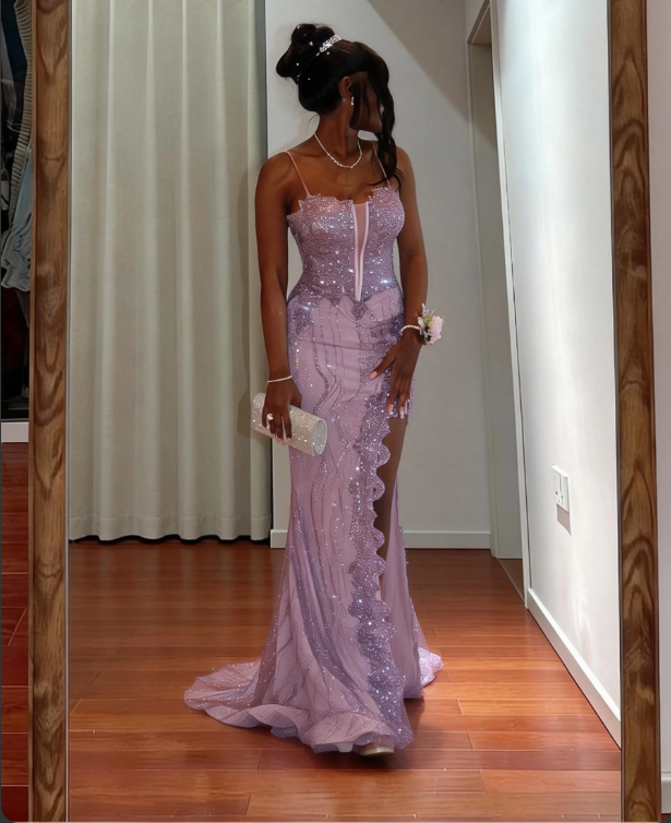 Elegant Purple Spaghetti Strap Mermaid Split Sequin Tulle Train Prom Dress Evening Dress