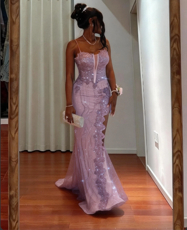 Elegant Purple Spaghetti Strap Mermaid Split Sequin Tulle Train Prom Dress Evening Dress