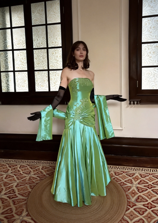 Elegant Mint Green Strapless A-Line Embroidered Satin Long Prom Dress Evening Dress