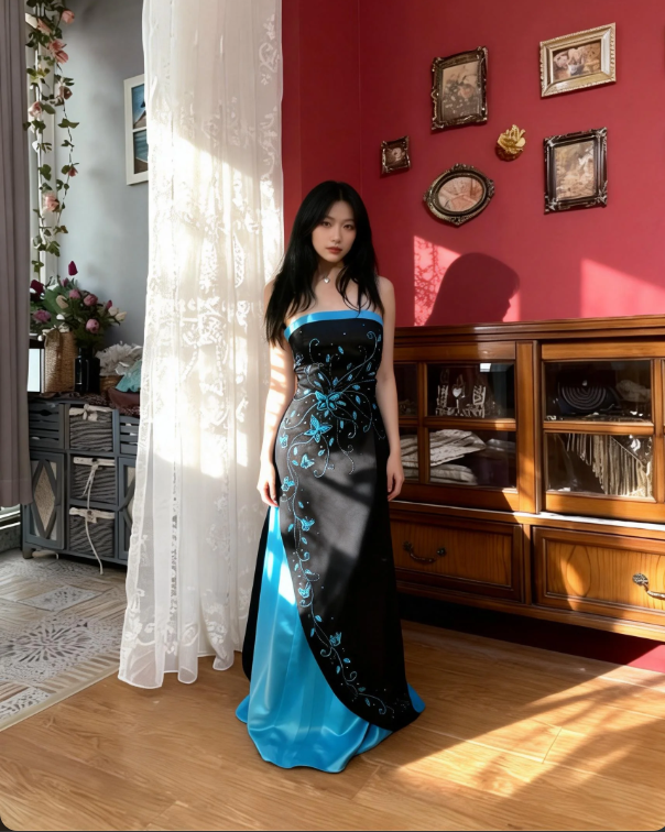 Vintage Black & Blue Color-Block Strapless A-Line Butterfly Embroidered Satin Long Prom Dress Evening Dress - VelvetHem