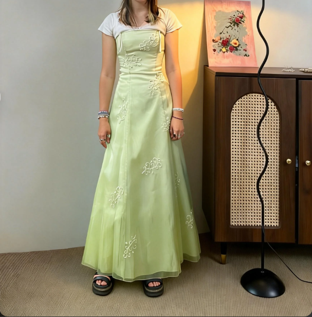 Fresh Light Green Strapless Embroidered Tulle A-Line Long Prom Dress Evening Dress