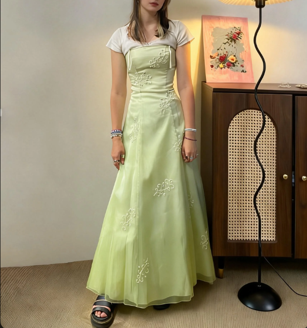 Fresh Light Green Strapless Embroidered Tulle A-Line Long Prom Dress Evening Dress - View 2 | VelvetHem
