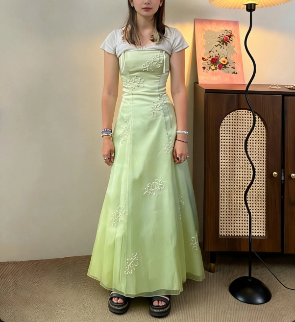 Fresh Light Green Strapless Embroidered Tulle A-Line Long Prom Dress Evening Dress - View 4 | VelvetHem