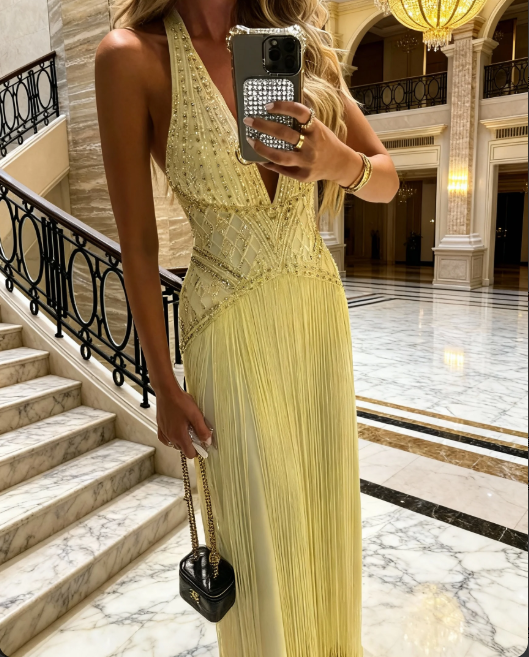 Gorgeous Yellow Halter V-Neck Beaded Fringe Long Prom Dress Evening Dress - VelvetHem