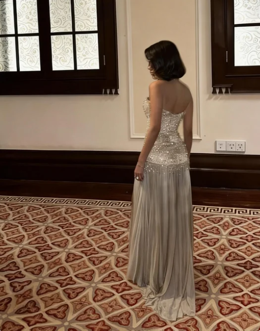 Gorgeous Silver-Gray Sweetheart Neck Split Beaded Tulle Long Prom Dress Evening Dress - VelvetHem