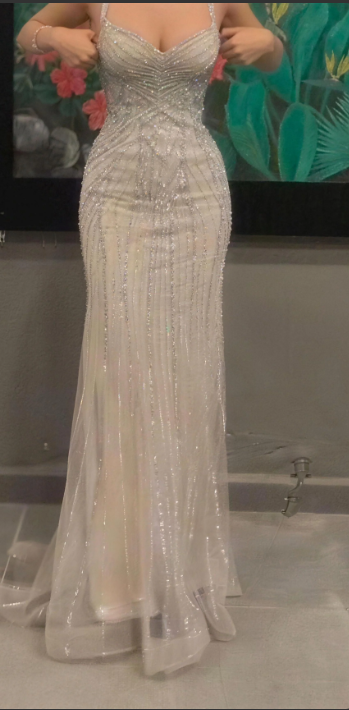 Gorgeous Silver-White Mermaid Spaghetti Strap V-Neck Beaded Tulle Long Prom Dress Evening Dress - VelvetHem