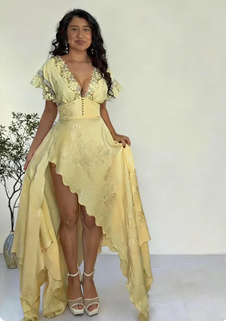 Elegant Yellow V-Neck Irregular High-Slit Lace Jacquard Satin Long Prom Dress Evening Dress