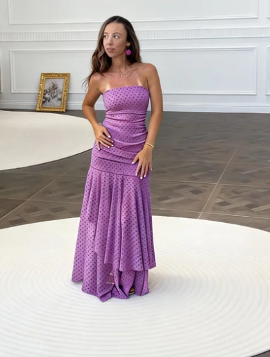 Elegant Purple A-Line Strapless Polka Dot Satin Long Prom Dress Evening Dress
