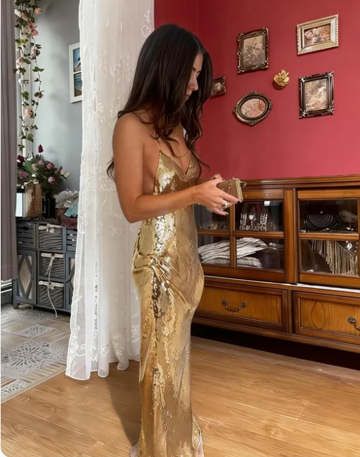 Vintage Gold Spaghetti Strap Deep V-Neck Mermaid Sequin Long Prom Dress Evening Dress - VelvetHem