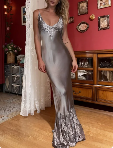Elegant Silver-Gray Spaghetti Strap Deep V-Neck Mermaid Lace Satin Long Prom Dress Evening Dress - VelvetHem