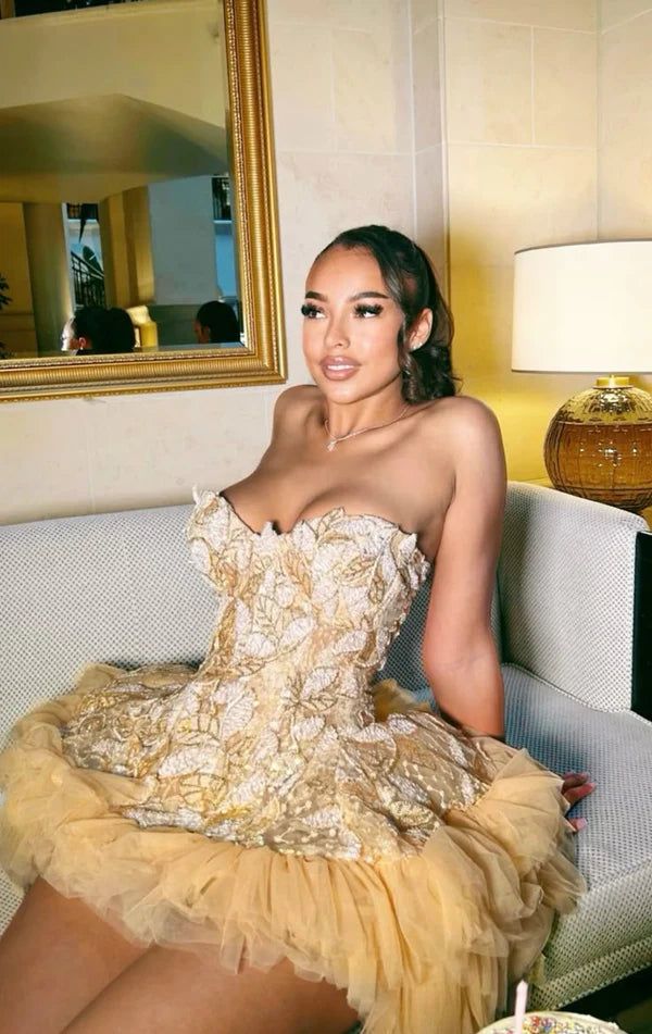 Gorgeous Golden Three-dimensional Floral Leaves Multi-layered Tulle Fluffy Birthday Party Homecoming Dress - VelvetHem