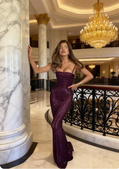 Gorgeous Deep Purple Square Neck Mermaid Grid Sequin Tulle Long Prom Dress Evening Dress - VelvetHem